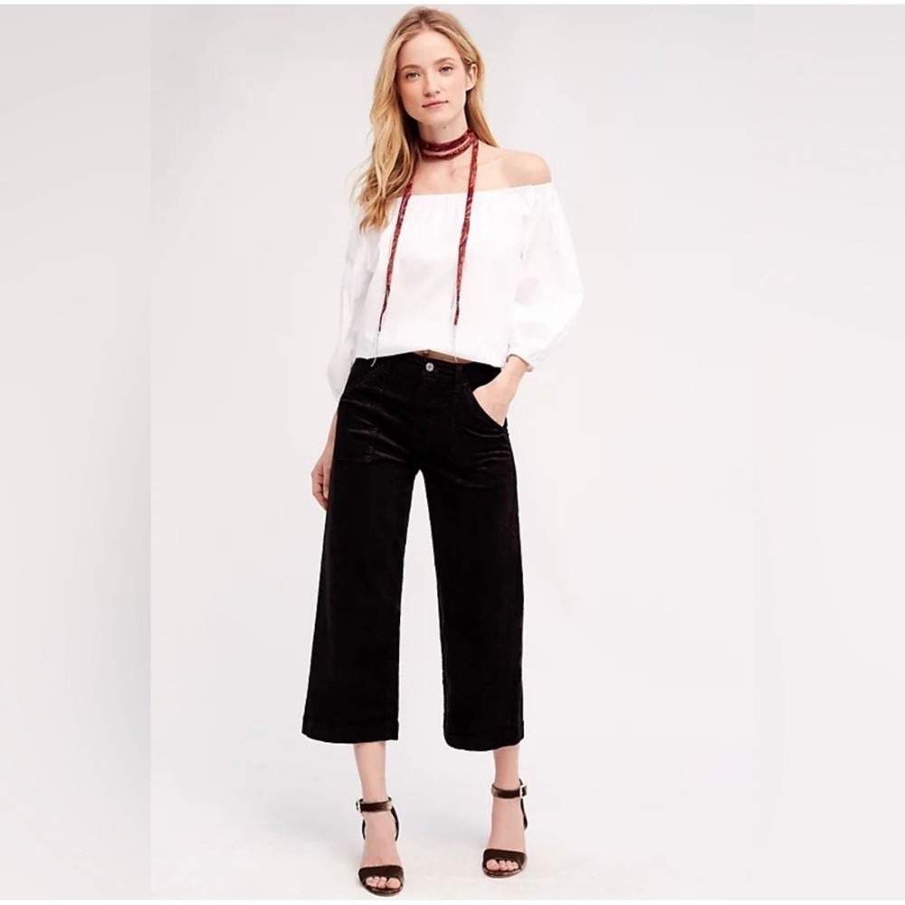 7 For All Mankind Black‎ Corduroy Wide Leg Cropped Pants High Rise L Large